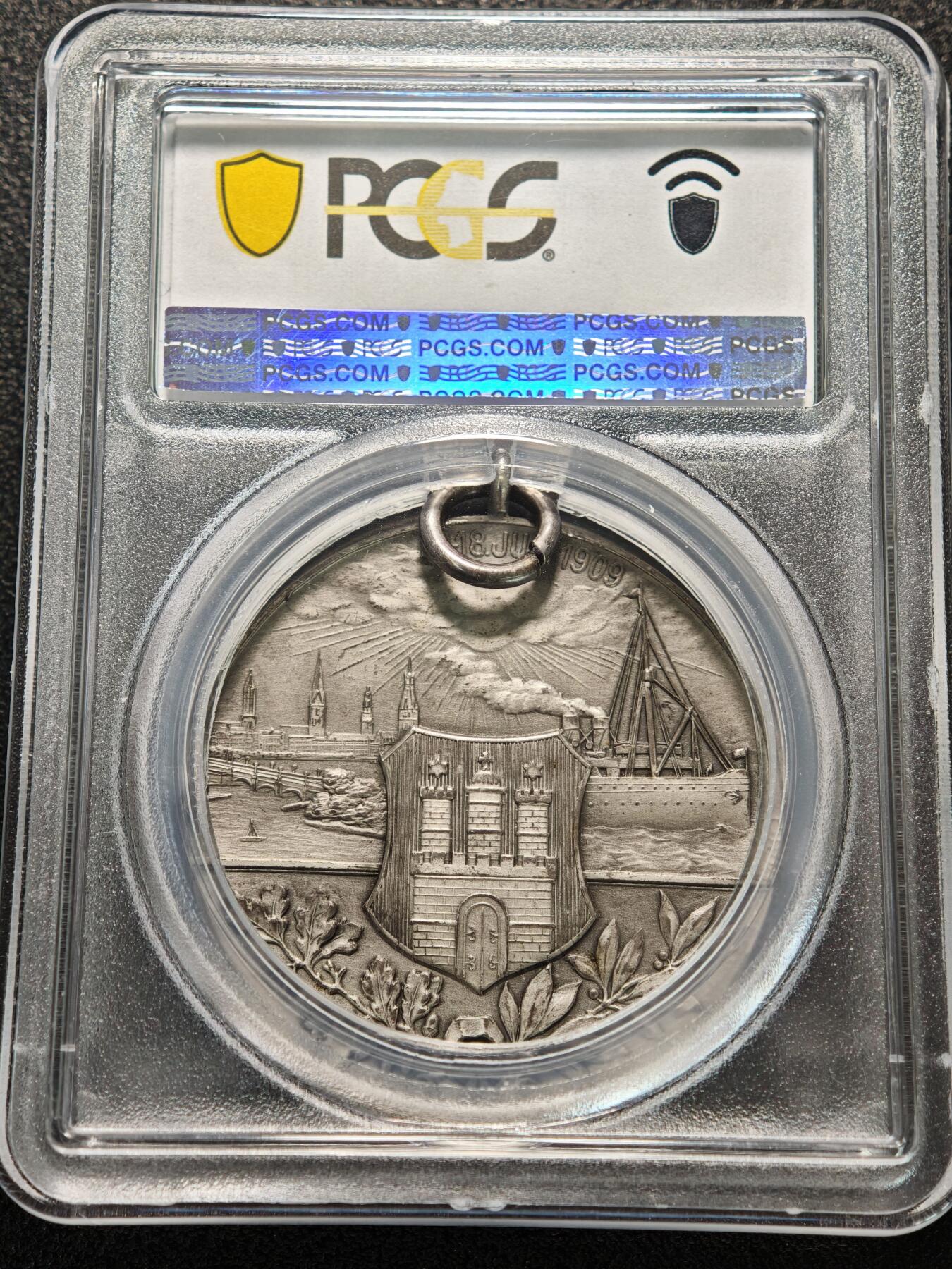 【德藏】世界币章拍卖第155期（拍品征集中~欢迎藏友联系） 1909年 德国汉堡射击节纪念银章 PCGS MS64 原铸吊环 细节极其丰富