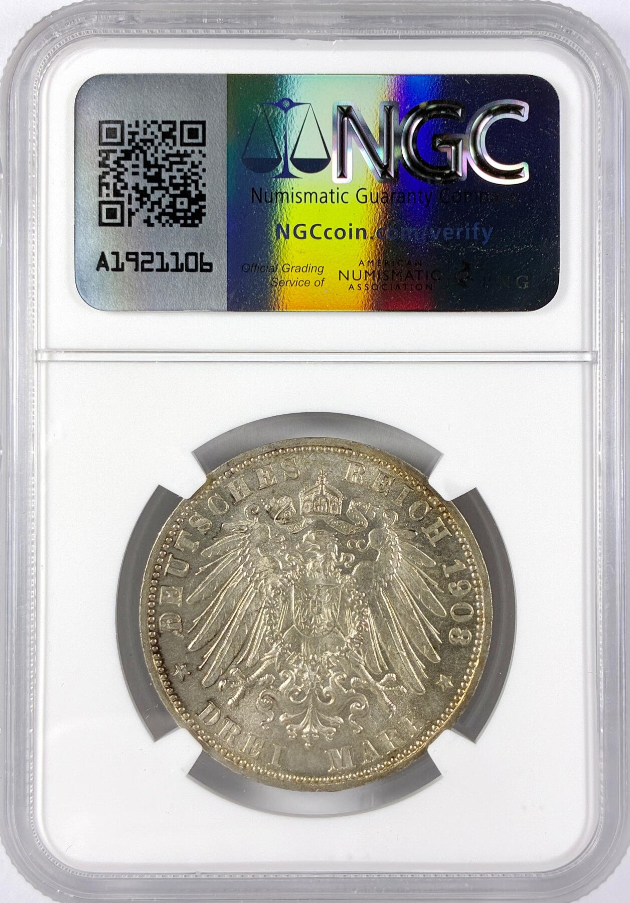 【雨安】【直播拍卖】【世界币章117期-评级币】2025-11-29 周六 19:30 保真 [评级德国] Germany 德国 帝国 萨克森-迈宁根 3马克 1908年  NGC-MS64