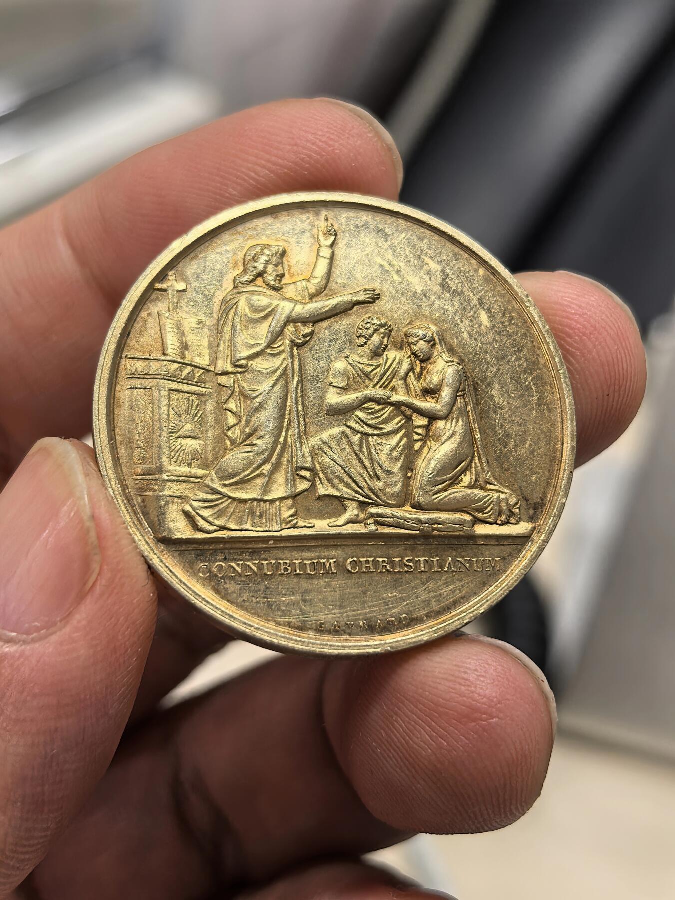 博洋堂世界钱币拍卖第149期（全场包邮） 1864年法国银镀金结婚银章，32MM。品相极佳，双面车轮转光，底板细腻干净