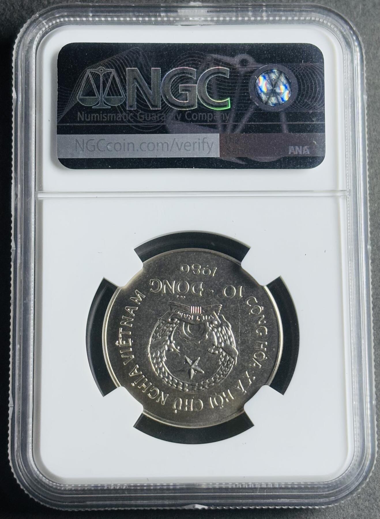 文馨钱币收藏第 283 场，【大雪鉴珍，寒英缀金】金银纪念币精品场，诚邀您的参与【长期接代拍品】 稀少 1986 年越南大象 10 盾纪念币，NGC 评级 MS68 分