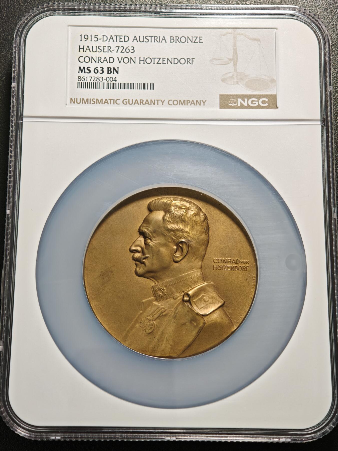 【德藏】世界币章拍卖第155期（拍品征集中~欢迎藏友联系） 1915年 奥地利赫岑多夫伯爵屠龙纪念大铜章 65mm NGC MS63BN 人物形象生动 厚重压手
