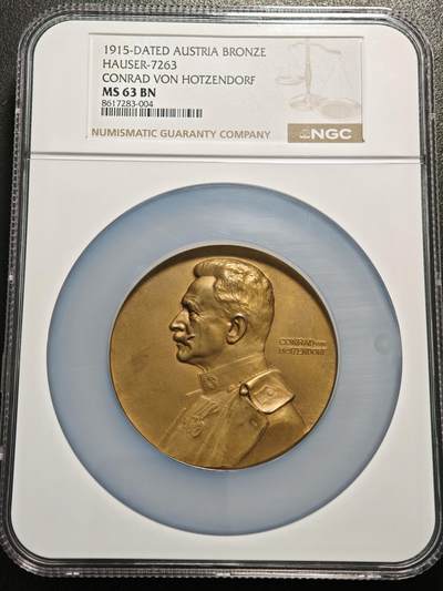 【德藏】世界币章拍卖第155期（拍品征集中~欢迎藏友联系） - 1915年 奥地利赫岑多夫伯爵屠龙纪念大铜章 65mm NGC MS63BN 人物形象生动 厚重压手