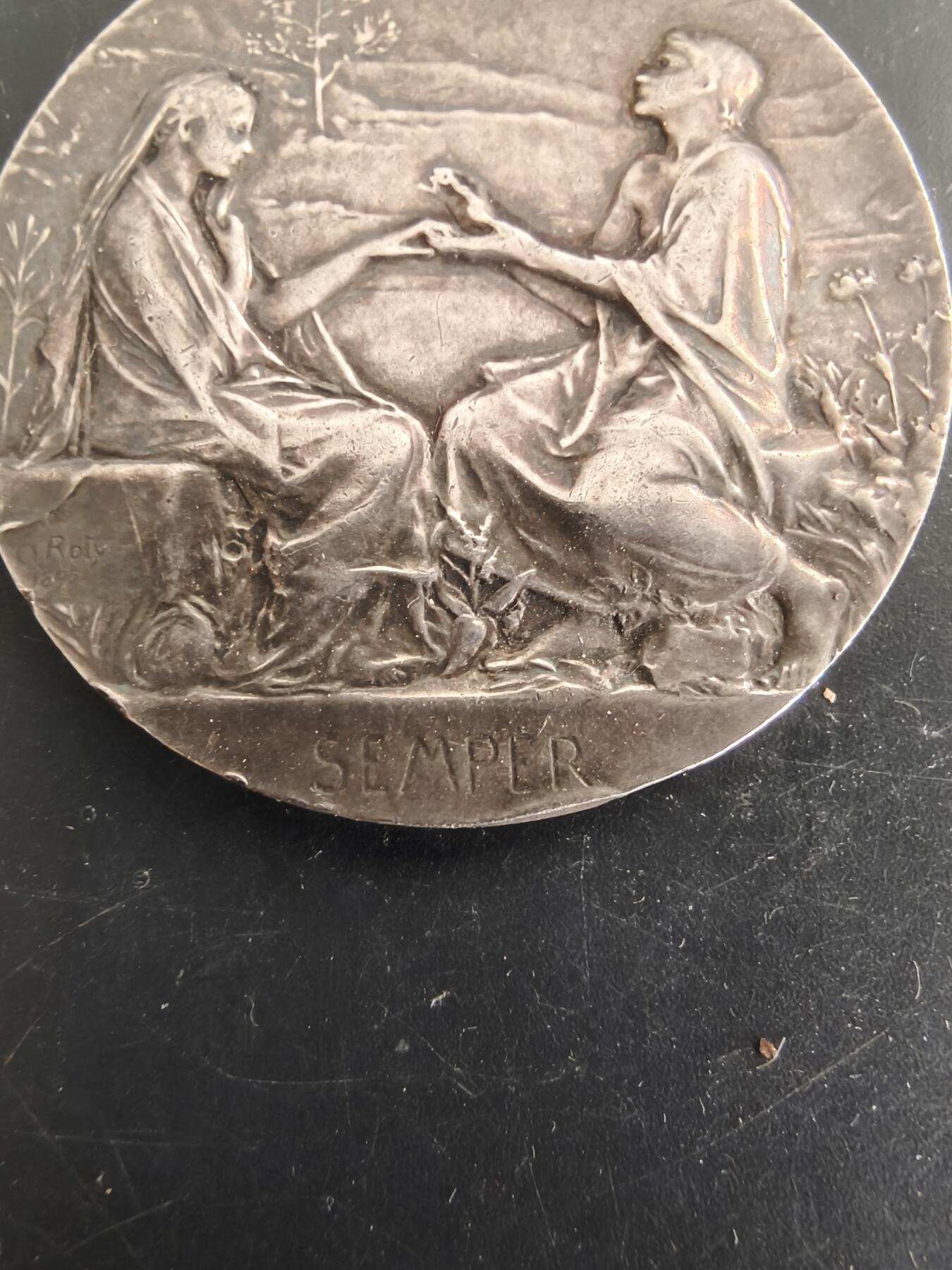 老王徽章第166期 法国大尺寸婚章    原盒    大师罗蒂版本    1919年    950银    直径42mm.    重量32.4g