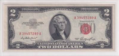 【礼羽收藏】🌏世界钱币拍卖第113期 - 【A39457289A】美国，1953年2美金无序列A版A冠，红色库印，首发冠