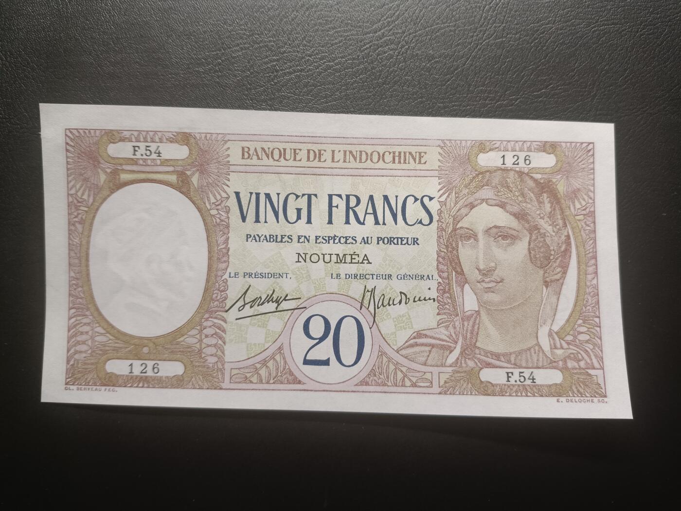 2025十一月第七期，总205期 法属太平洋努美阿地名1929版20法郎UNC-左侧暗裂，稀有早期品种高品相，谷神和孔雀