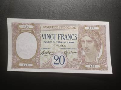 2025十一月第七期，总205期 - 法属太平洋努美阿地名1929版20法郎UNC-左侧暗裂，稀有早期品种高品相，谷神和孔雀