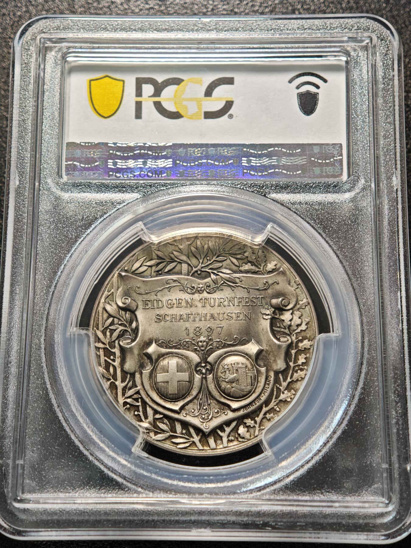 【德藏】世界币章拍卖第155期（拍品征集中~欢迎藏友联系） 冠军分！1897年 瑞士沙夫豪森体操节纪念银章 PCGS SP65 淡黄油包浆 立体感十足 唯2冠军分