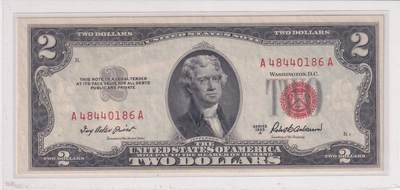 【礼羽收藏】🌏世界钱币拍卖第113期 - 【A48440186A】美国，1953年2美金A序列A版A冠，红色库印，首发冠
