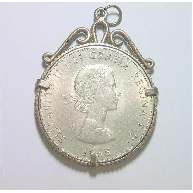英国1965年伊丽莎白二世+丘吉尔高浮雕精制币章吊坠带银圈 40MM