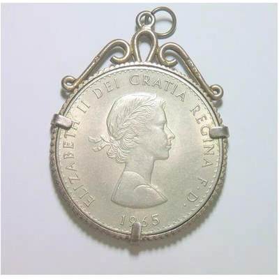 英国1965年伊丽莎白二世+丘吉尔高浮雕精制币章吊坠带银圈 40MM - 英国1965年伊丽莎白二世+丘吉尔高浮雕精制币章吊坠带银圈 40MM