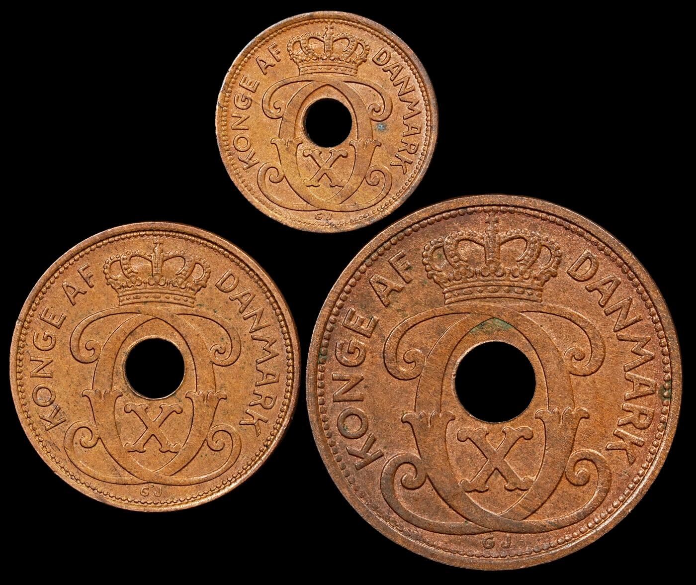 修遠堂世界钱币第九十五期 1940年丹麦1，2，5欧尔铜币一套 未流通