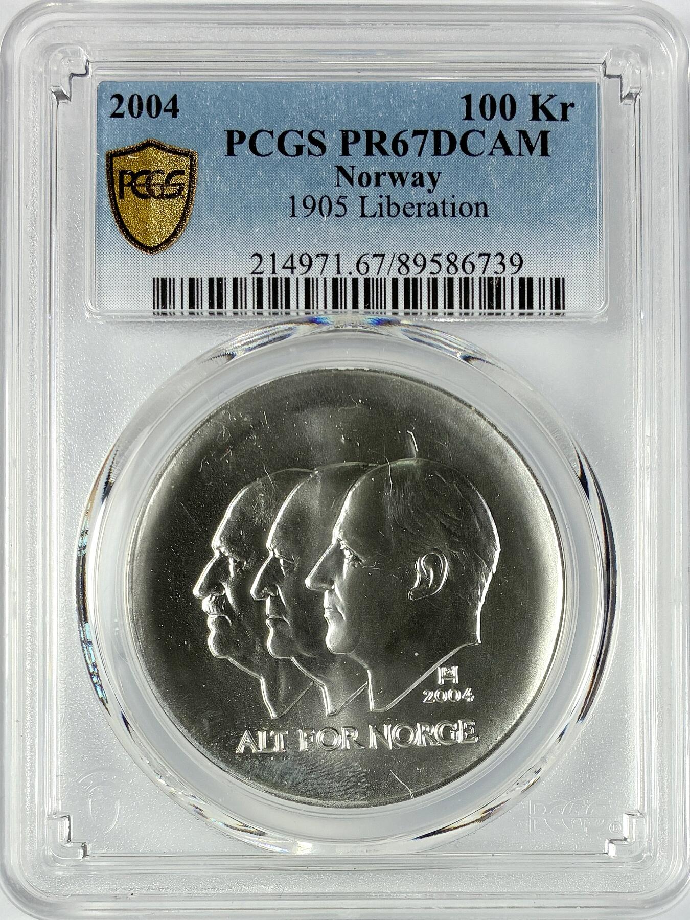 【雨安】【直播拍卖】【世界币章117期-评级币】2025-11-29 周六 19:30 保真 [评级现代] Norway 挪威 100克朗 2004年 1905年独立 PCGS-PR67DCAM