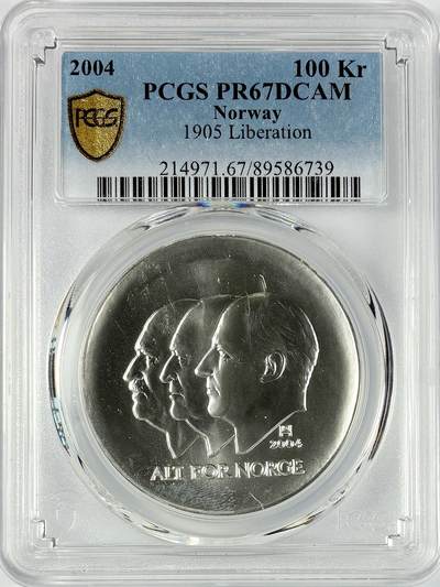 【雨安】【直播拍卖】【世界币章117期-评级币】2025-11-29 周六 19:30 保真 - [评级现代] Norway 挪威 100克朗 2004年 1905年独立 PCGS-PR67DCAM