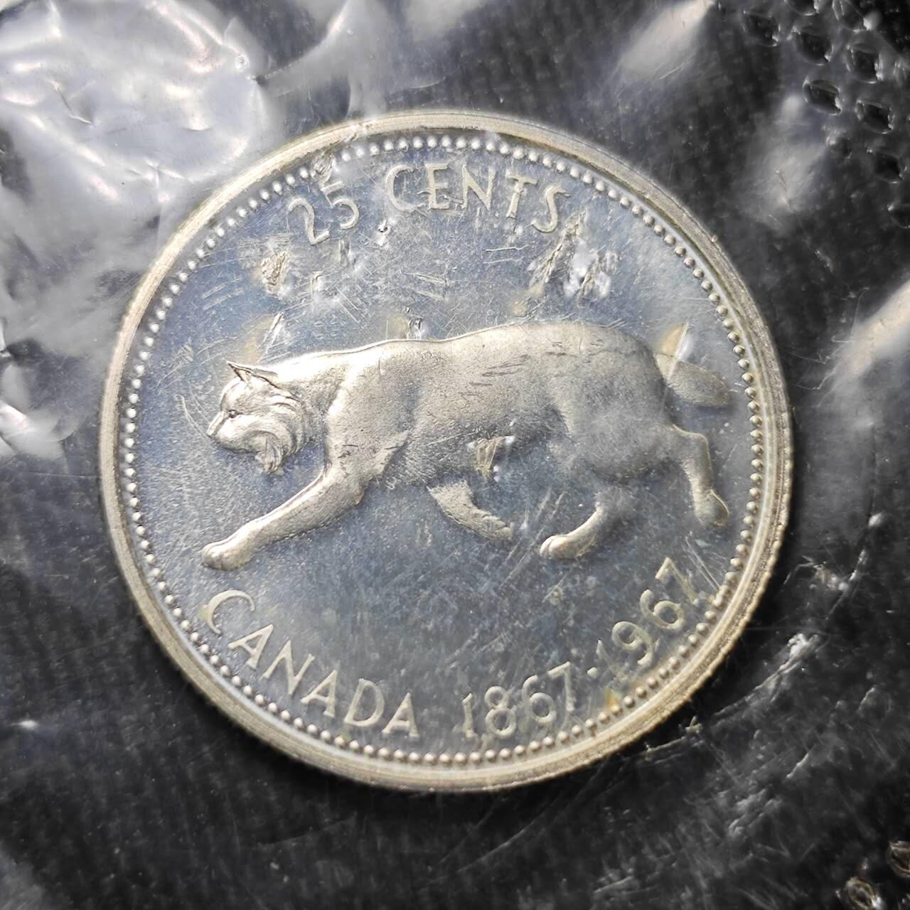 KK钱币收藏小铺 （套币 好品/批量散币 银币）专场  2月预留时间 周末发货   1967加拿大建国200周年 25分精制纪念币 塑封银币