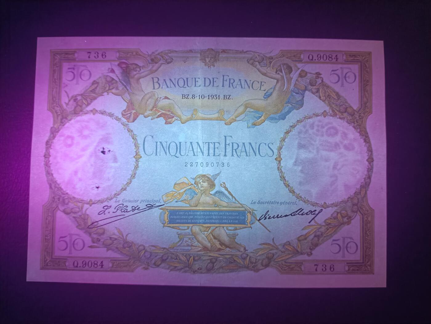 2025十一月第七期，总205期 法国1931年50法郎AUNC有大针孔，小天使和农妇与工匠，少见早期品种
