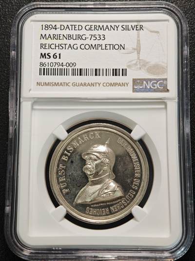 【德藏】世界币章拍卖第155期（拍品征集中~欢迎藏友联系） - 1894年 德国柏林国会大厦落成铁血宰相俾斯麦高浮雕纪念银章 NGC MS61 镜面十足 浮雕感极强