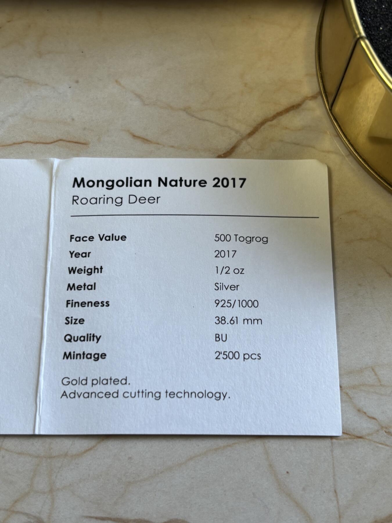 第183期拍卖 蒙古2017年自然系列雄鹿激光切割镂空镀金纪念银币，925银，发行2500枚