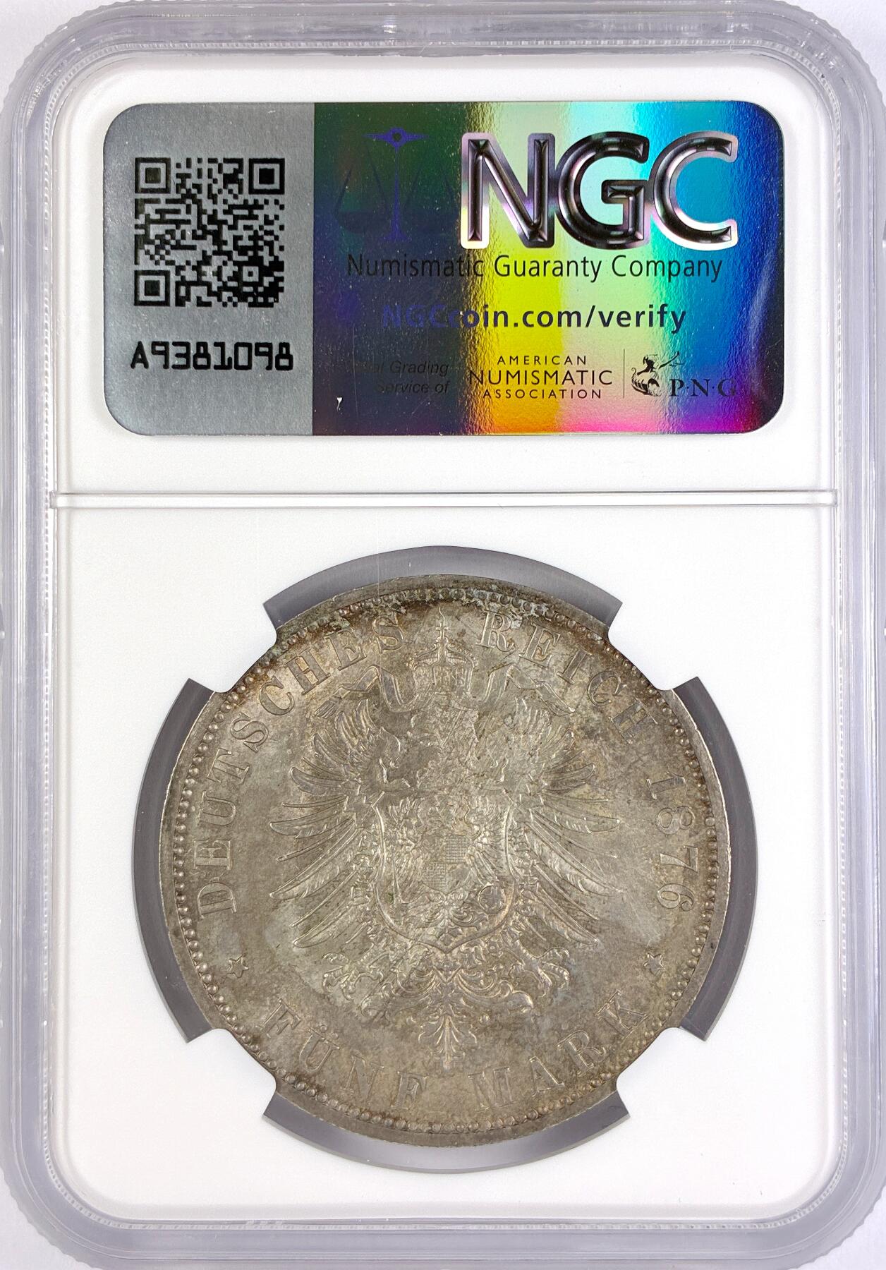 【雨安】【直播拍卖】【世界币章117期-评级币】2025-11-29 周六 19:30 保真 [评级德国] Germany 德国 帝国 J.097 普鲁士 5马克 威廉一世 1876年  NGC-MS62 难得的MS分数