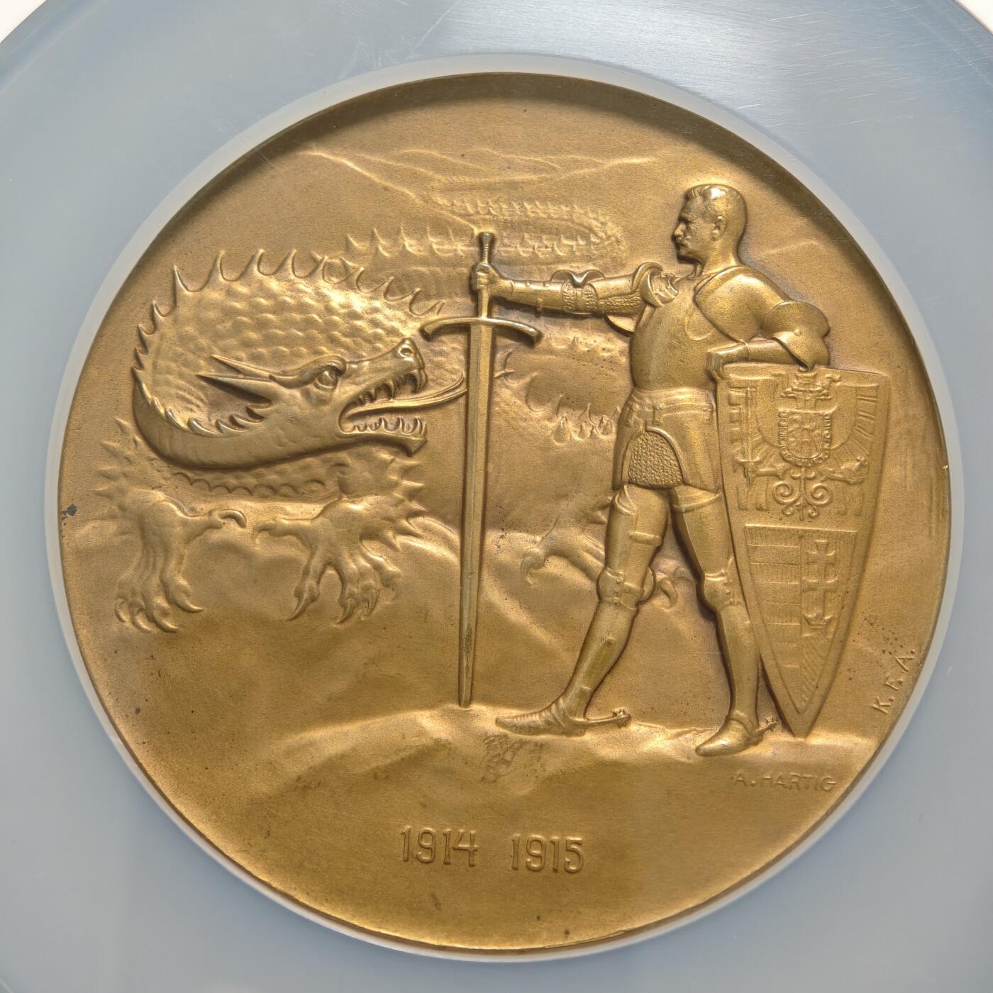 【德藏】世界币章拍卖第155期（拍品征集中~欢迎藏友联系） 1915年 奥地利赫岑多夫伯爵屠龙纪念大铜章 65mm NGC MS63BN 人物形象生动 厚重压手