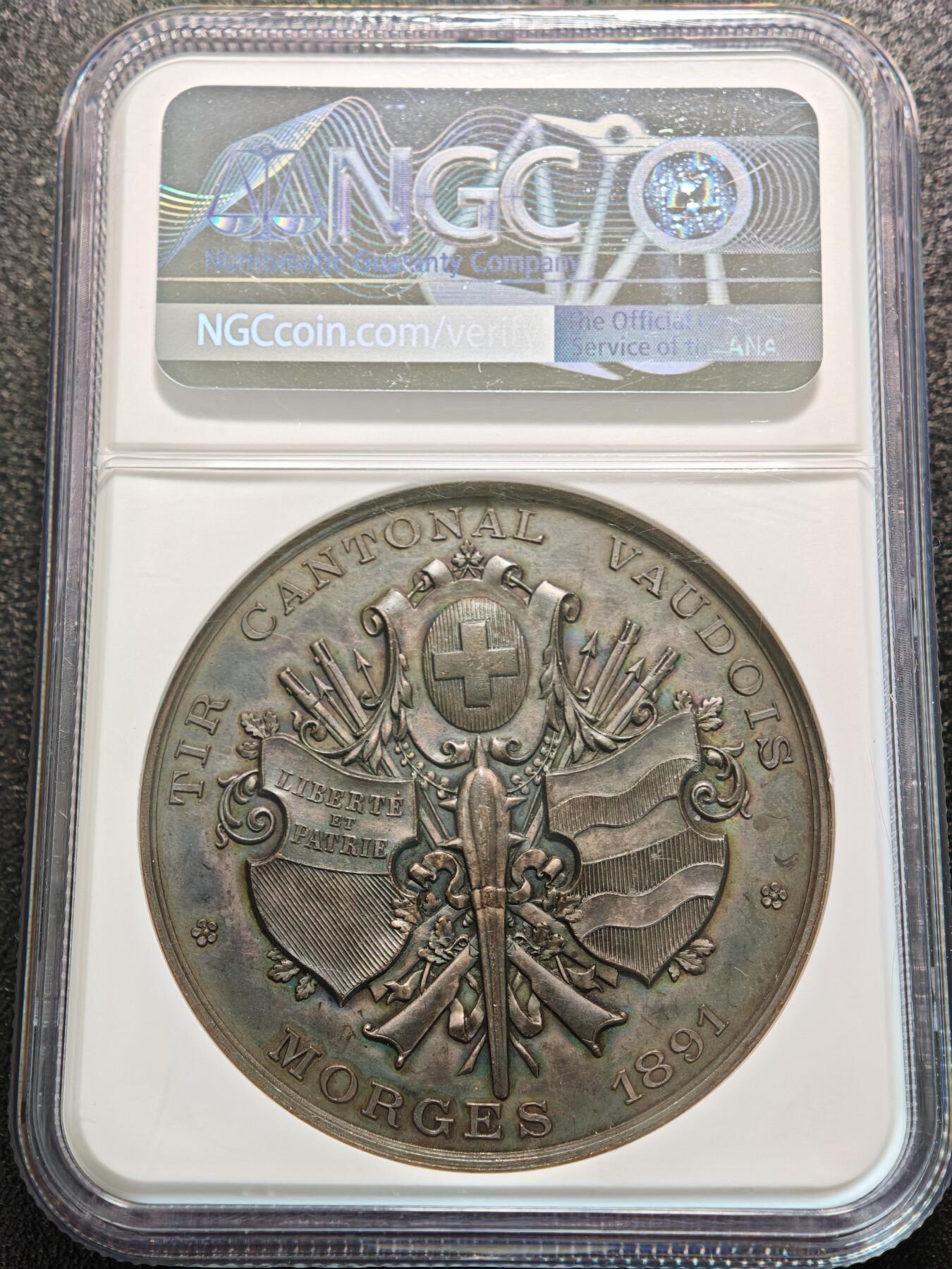 【德藏】世界币章拍卖第155期（拍品征集中~欢迎藏友联系） 1891年 瑞士沃州射击节高浮雕纪念铜章 NGC UNC 浮雕感极强