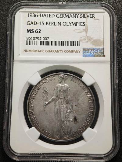 【德藏】世界币章拍卖第155期（拍品征集中~欢迎藏友联系） - 1936年 德国柏林奥运会纪念银章 NGC MS62 磨砂质感 状态极佳（原图请查询NGC评级官网）