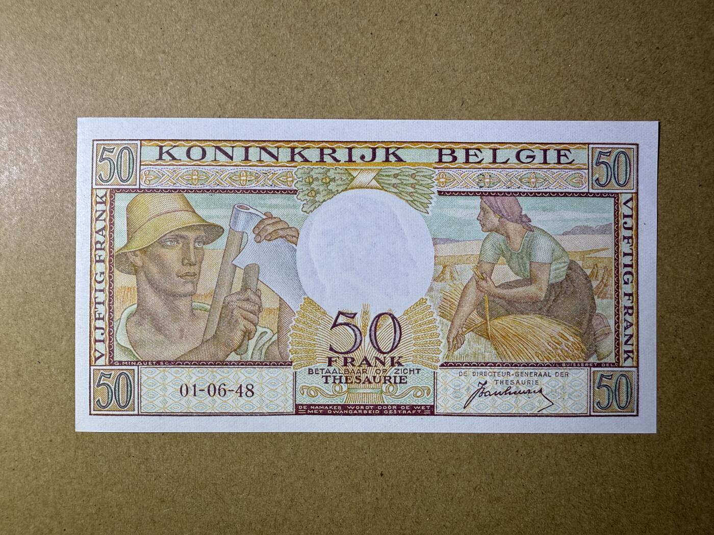 《艾美收藏》第222期-11.30周日外币畅拍 比利时50法郎 UNC 1948年a版 无4