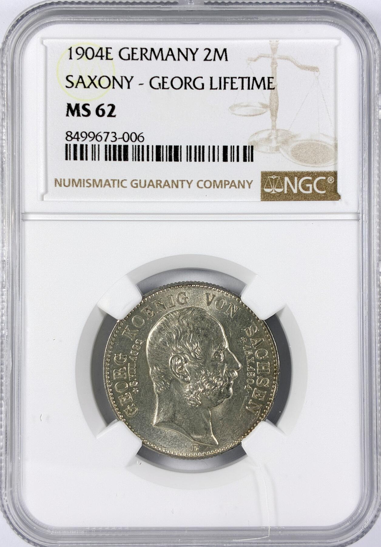 【雨安】【直播拍卖】【世界币章117期-评级币】2025-11-29 周六 19:30 保真 [评级德国] Germany 德国 帝国 萨克森 2马克 (1904) 格奥尔格 1904年  NGC-MS62