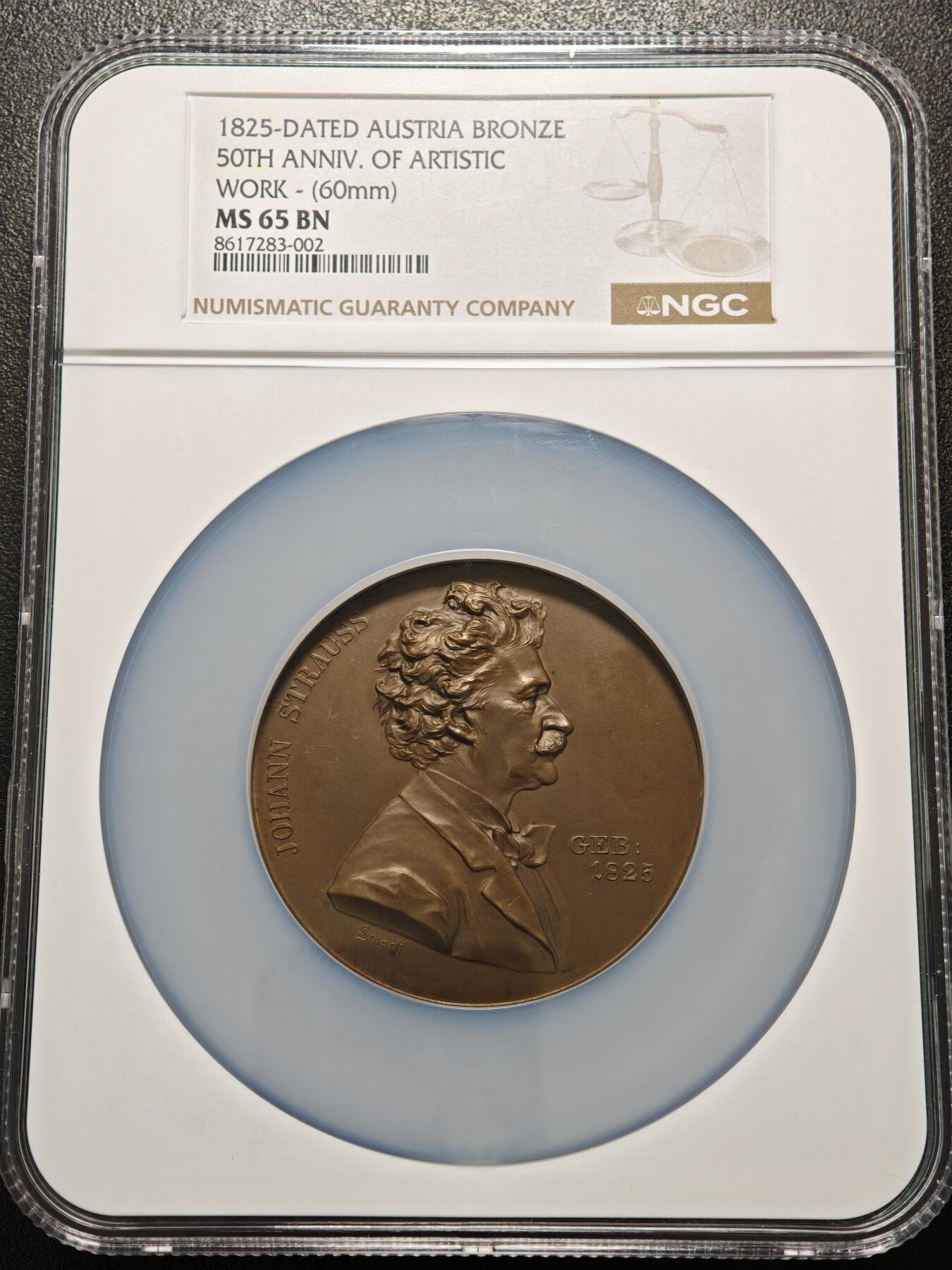 【德藏】世界币章拍卖第155期（拍品征集中~欢迎藏友联系） 1825年 奥地利维也纳歌剧和华尔兹作曲家约翰·施特劳斯诞辰50周年60mm纪念大铜章 NGC MS65BN 细节极其丰富 人物传神