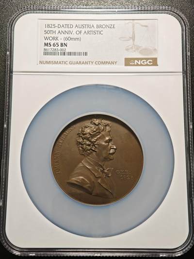 【德藏】世界币章拍卖第155期（拍品征集中~欢迎藏友联系） - 1825年 奥地利维也纳歌剧和华尔兹作曲家约翰·施特劳斯诞辰50周年60mm纪念大铜章 NGC MS65BN 细节极其丰富 人物传神