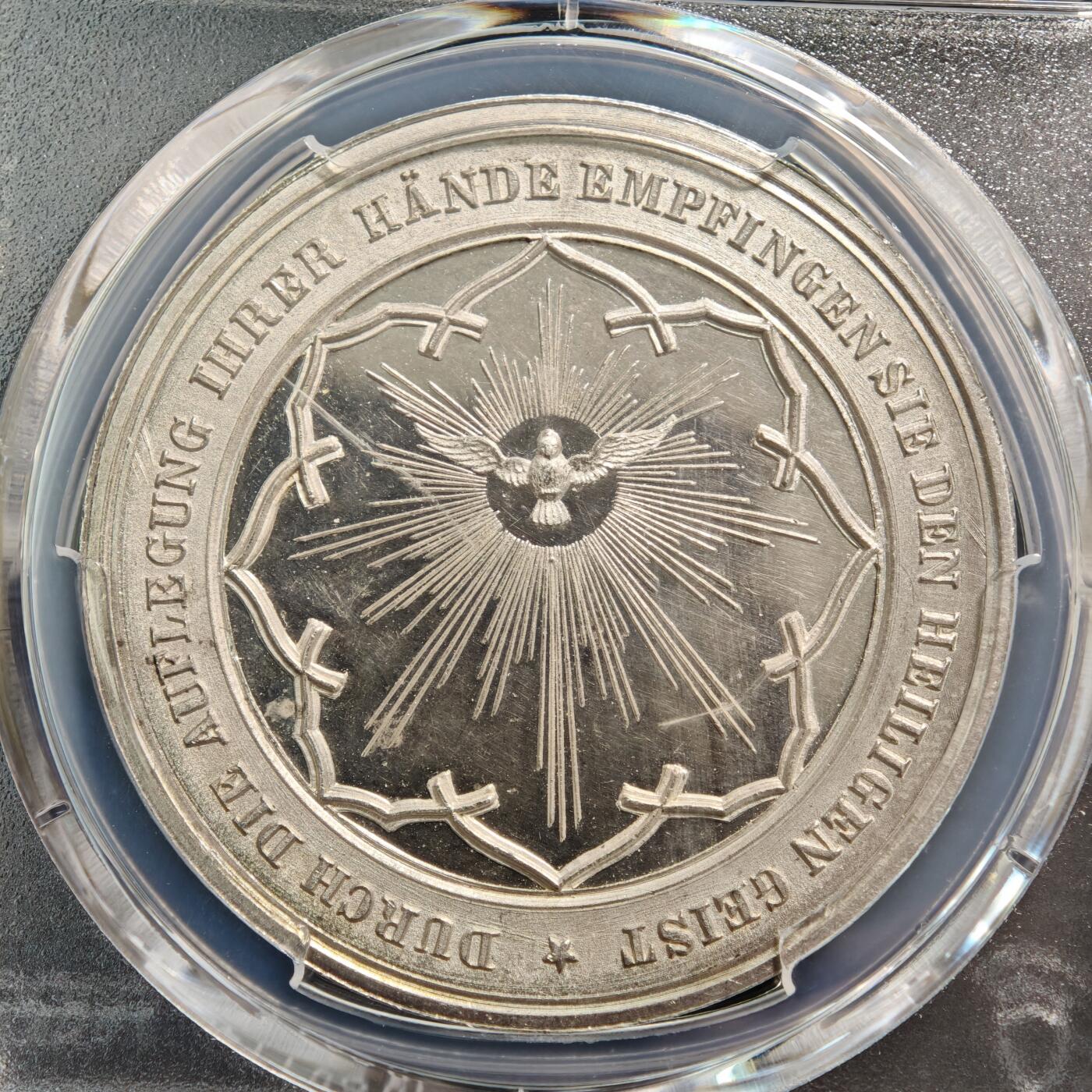 【德藏】世界币章拍卖第155期（拍品征集中~欢迎藏友联系） 1850年 德国宗教洗礼纪念银章 PCGS SP64 镜面感十足 细节极其丰富 唯一季军分 仅2枚更高