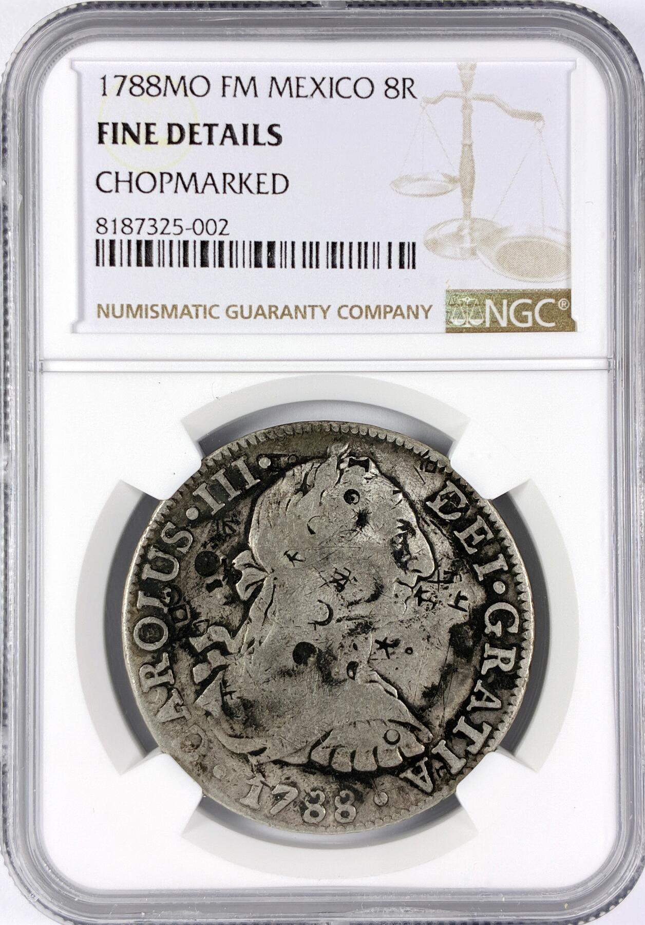 【雨安】【直播拍卖】【世界币章117期-评级币】2025-11-29 周六 19:30 保真 [评级美洲] Spanish Mexico 西属墨西哥 8里亚尔 卡洛斯三世 双柱 1788年  NGC-Fine