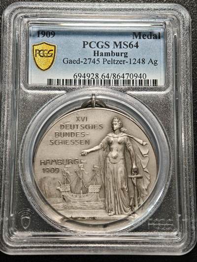 【德藏】世界币章拍卖第155期（拍品征集中~欢迎藏友联系） - 1909年 德国汉堡射击节纪念银章 PCGS MS64 原铸吊环 细节极其丰富