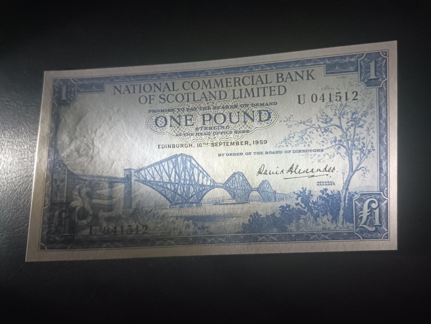 2025十一月第七期，总205期 苏格兰国家商业银行1959年1镑UNC-，福斯铁桥和银行徽章，早期少见品种