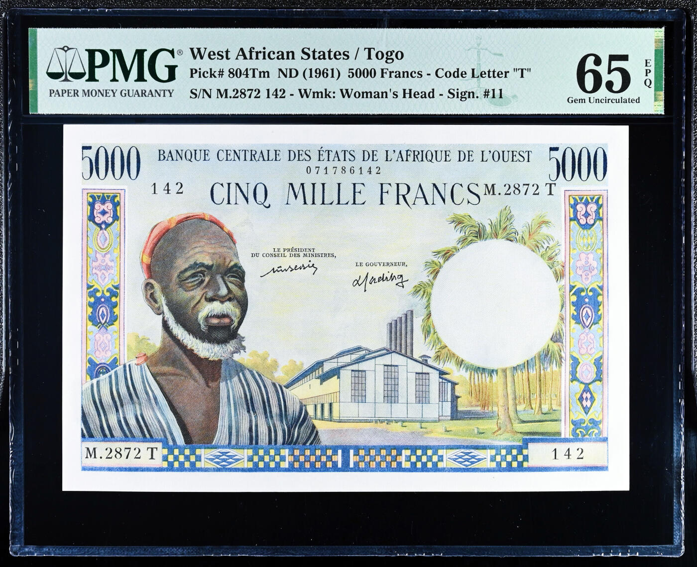 【Blue Auction】世界纸币精拍第756期——18级TOP拍卖/信誉/品质/专业/高效💫 法属西非 多哥版 1961年5000法郎 大奶妈 法属风 设计精美 PMG65EPQ 