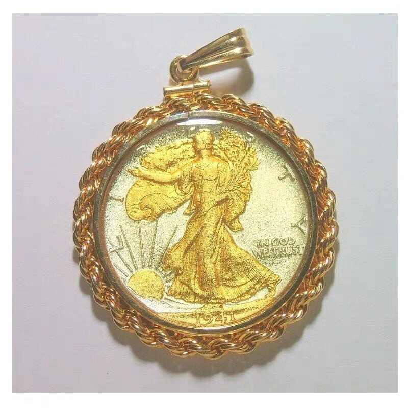 【银】美国1941年行走女神银币 镀金高浮雕精制银币章吊坠 带12K金圈 38MM