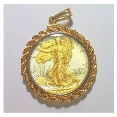 【银】美国1941年行走女神银币 镀金高浮雕精制银币章吊坠 带12K金圈 38MM - 【银】美国1941年行走女神银币 镀金高浮雕精制银币章吊坠 带12K金圈 38MM