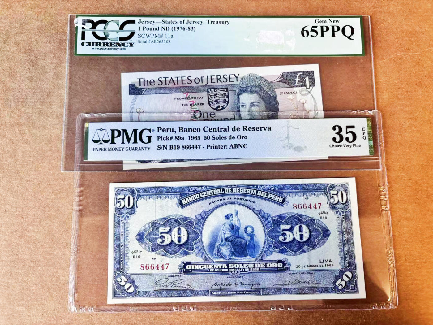 【Blue Auction】世界纸币精拍第756期——18级TOP拍卖/信誉/品质/专业/高效💫 【一组2张】秘鲁 1965年50索尔PMG35EPQ&泽西 1976-83年1镑 高冠女王 无47 PCGS65EPQ