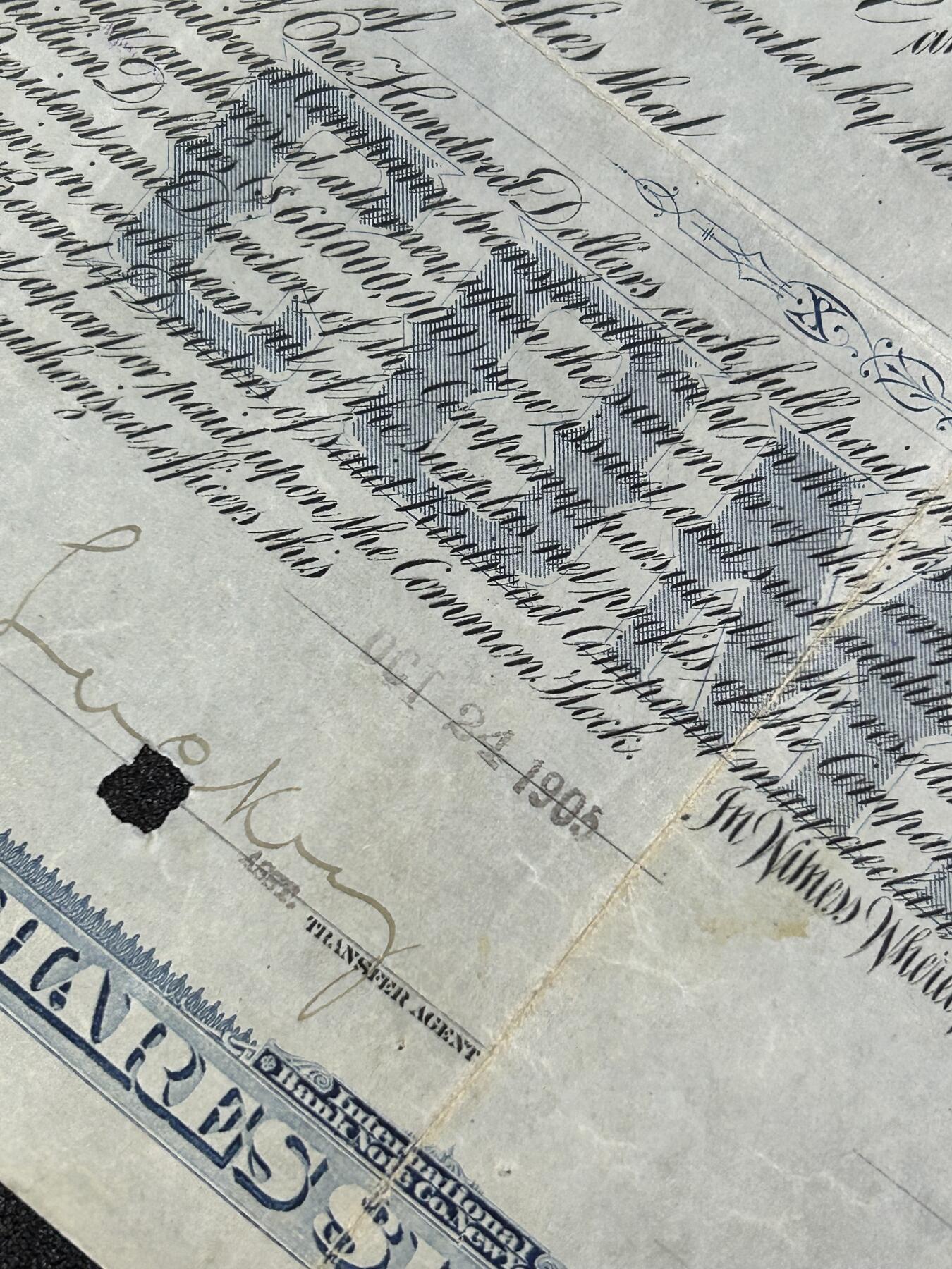 西秦中古拍卖第六十七期 美国1906年铁路公司股票 稀少德意志银行持股人 盖有帝国税戳 非常少见