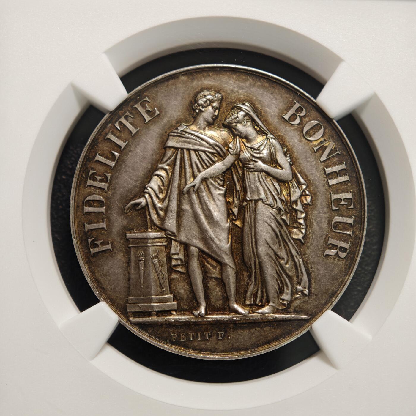 【德藏】世界币章拍卖第155期（拍品征集中~欢迎藏友联系） 1895年 法国结婚纪念银章 NGC MS63 五彩老包浆 刻字精美