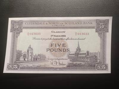 2025十一月第七期，总205期 - 苏格兰克莱斯戴勒和北部银行1960年5镑AUNC，象征两银行联合的两地地标性建筑阿伯丁大教堂和格拉斯哥大学，早期两家银行联合时期发行，稀有中高面值