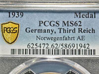 【德藏】世界币章拍卖第155期（拍品征集中~欢迎藏友联系） - 1939年 德国民族社会主义工人党进攻挪威纪念铜章 PCGS MS62 少见品种 亚军分 仅2枚更高（原图请查询PCGS评级官网）