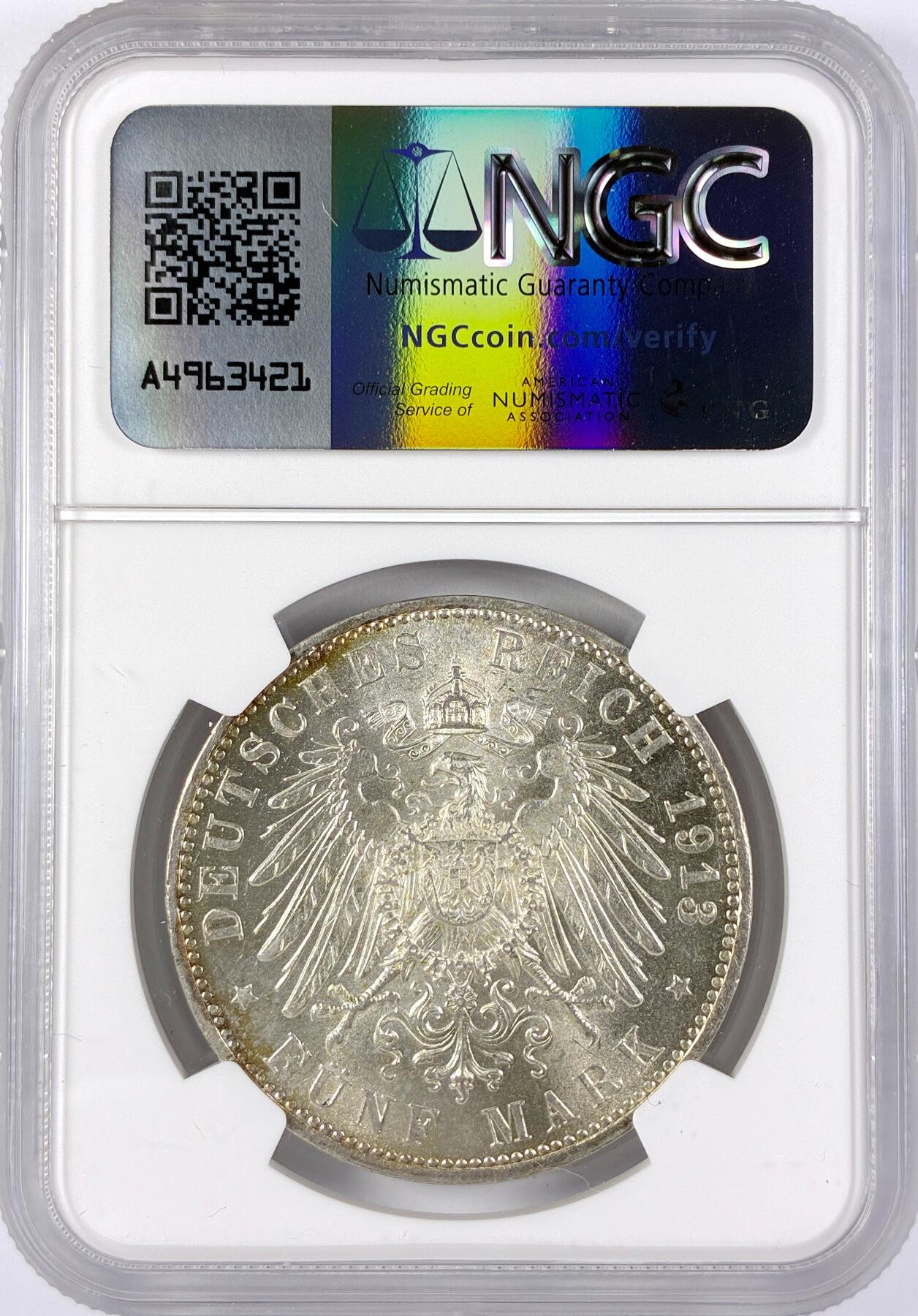 【雨安】【直播拍卖】【世界币章117期-评级币】2025-11-29 周六 19:30 保真 [评级德国] Germany 德国 帝国 巴伐利亚 5马克 奥托 1913年  NGC-MS62