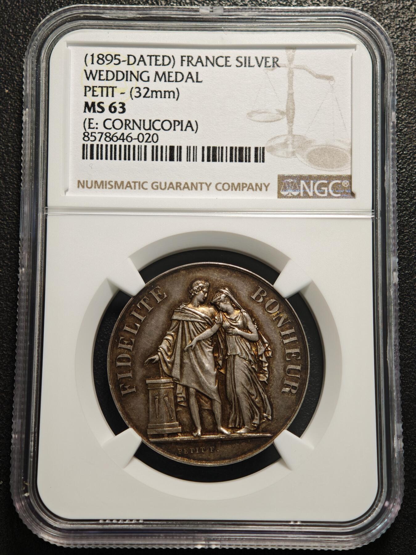 【德藏】世界币章拍卖第155期（拍品征集中~欢迎藏友联系） 1895年 法国结婚纪念银章 NGC MS63 五彩老包浆 刻字精美