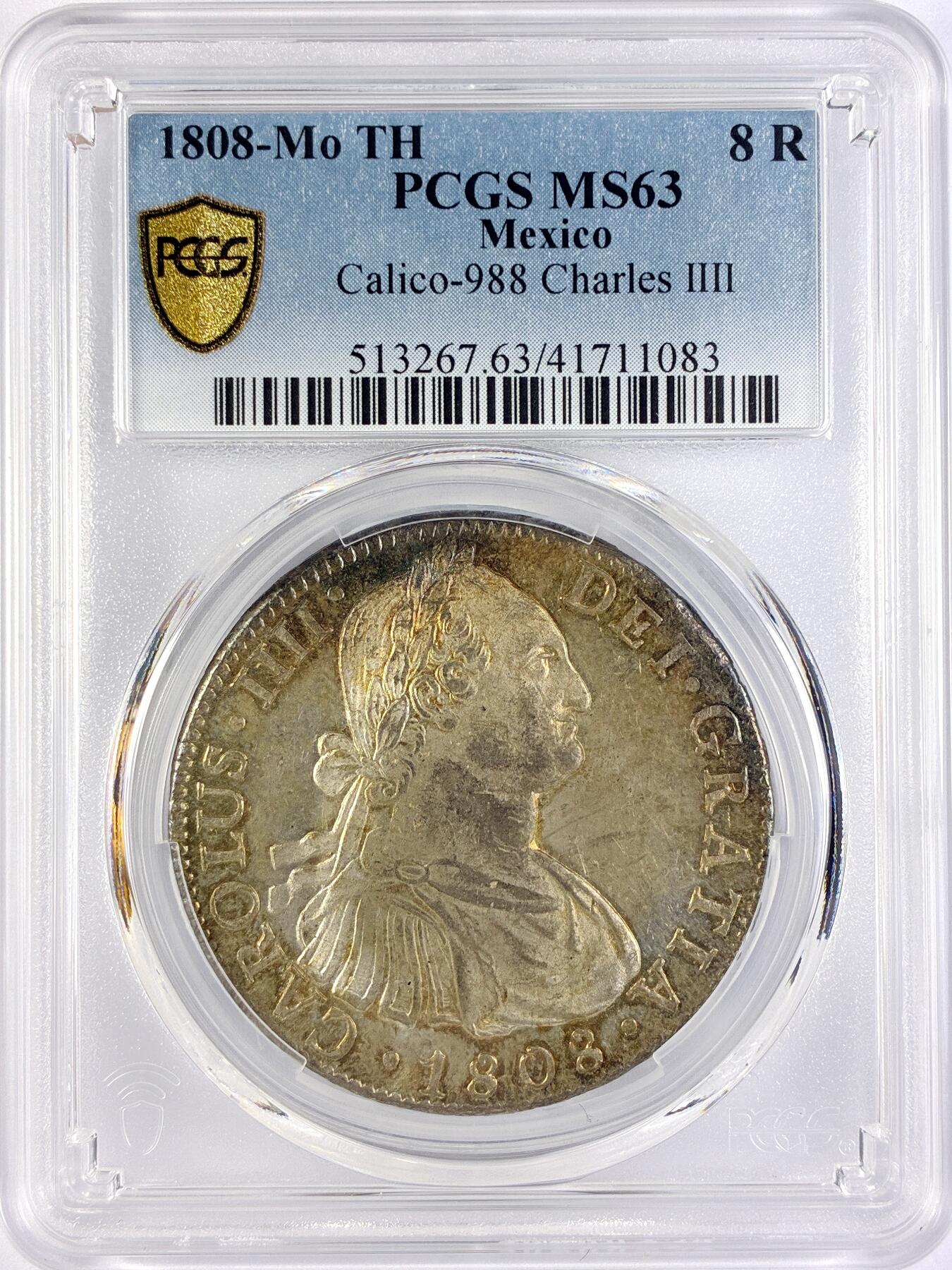 【雨安】【直播拍卖】【世界币章117期-评级币】2025-11-29 周六 19:30 保真 [评级美洲] Spanish Mexico 西属墨西哥 8里亚尔 卡洛斯四世 双柱 1808年  PCGS-MS63