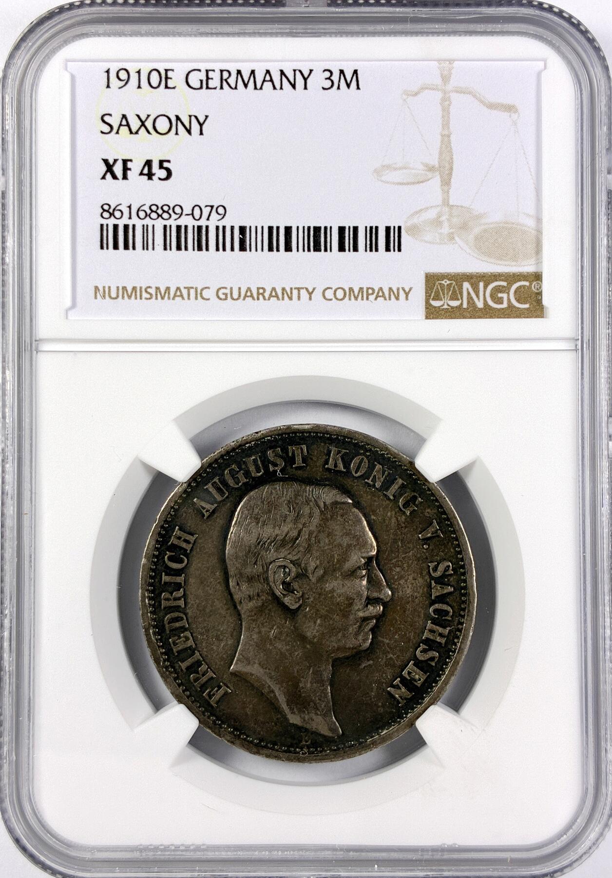 【雨安】【直播拍卖】【世界币章117期-评级币】2025-11-29 周六 19:30 保真 [评级德国] Germany 德国 帝国 萨克森 3马克 奥古斯特三世 1910年  NGC-XF45
