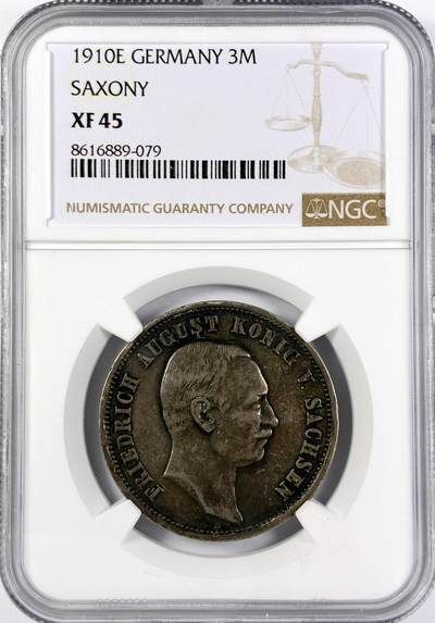 【雨安】【直播拍卖】【世界币章117期-评级币】2025-11-29 周六 19:30 保真 - [评级德国] Germany 德国 帝国 萨克森 3马克 奥古斯特三世 1910年  NGC-XF45