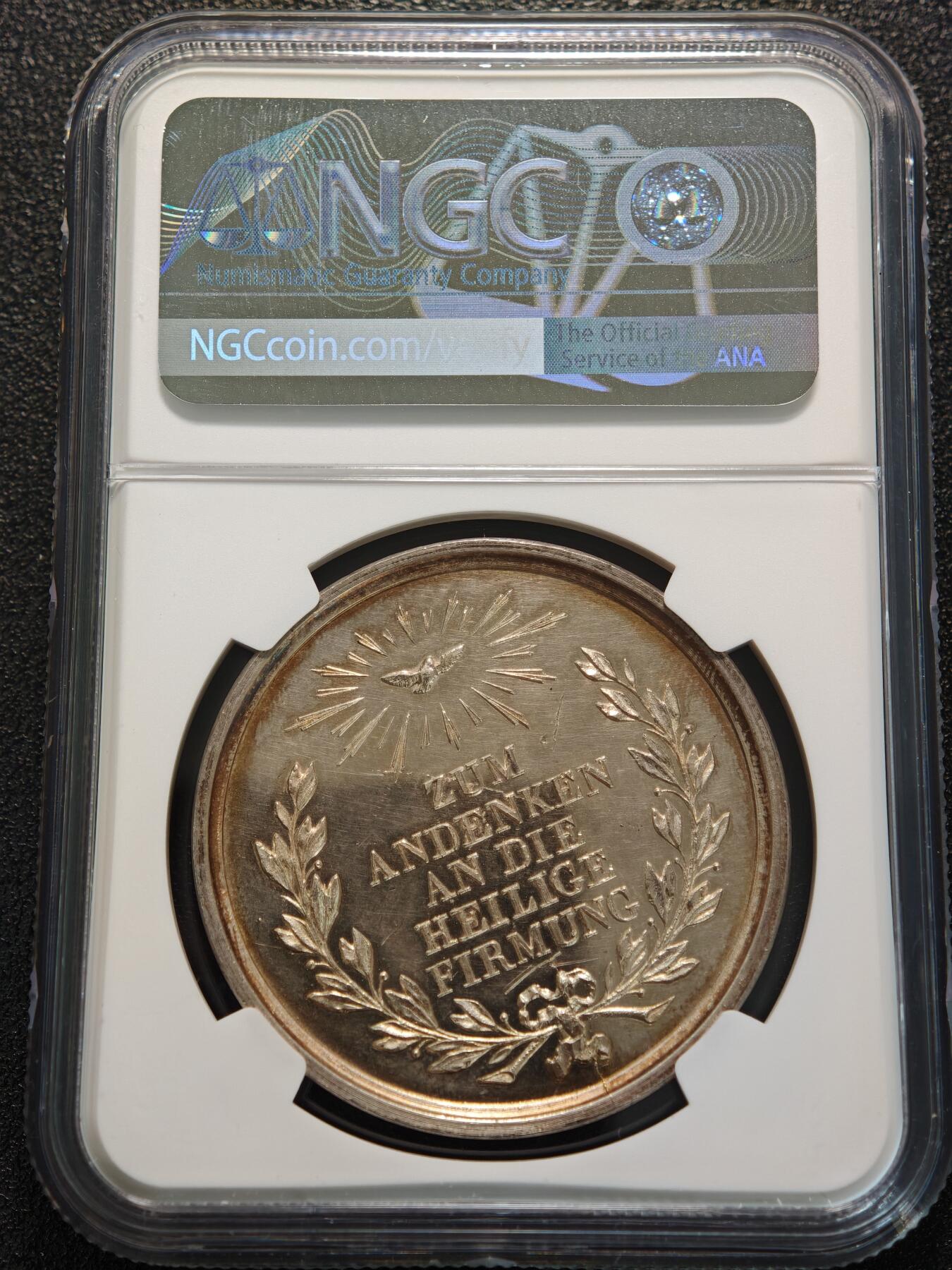 【德藏】世界币章拍卖第155期（拍品征集中~欢迎藏友联系） 19世纪 德国宗教洗礼纪念银章 NGC MS61 深彩包浆 细节细腻