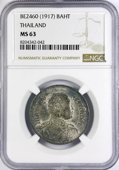 【雨安】【直播拍卖】【世界币章117期-评级币】2025-11-29 周六 19:30 保真 - [评级亚洲] Thailand 泰国 1泰铢 (1876-1900) 拉玛五世 1917年  NGC-MS63