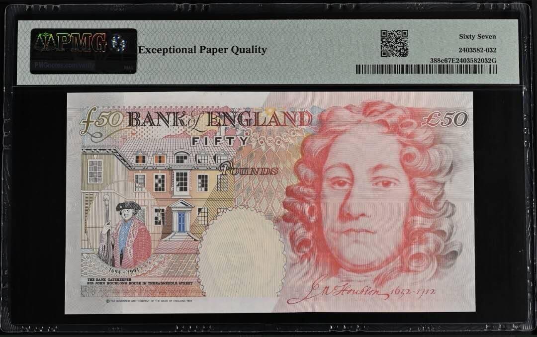 《艾美收藏》第222期-11.30周日外币畅拍 英国E序列初版1994年50镑PMG67E高分少见超靓倒置M68 088119 女王 Bailey签 Pick#388c