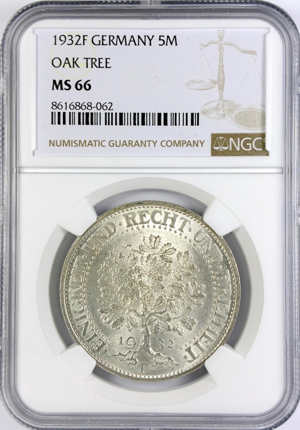 【雨安】【直播拍卖】【世界币章117期-评级币】2025-11-29 周六 19:30 保真 [评级德国] Germany 德国 魏玛 5马克 KM#56 橡树 1932年F  NGC-MS66 难得的高分